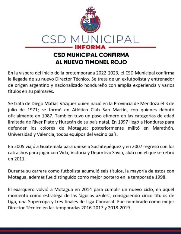 Primera parte del comunicado de Municipal anunciando a Diego Vázquez (Foto: Municipal)