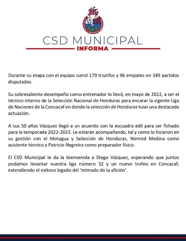 Segunda parte del comunicado de Municipal anunciando a Diego Vázquez (Foto: Municipal)