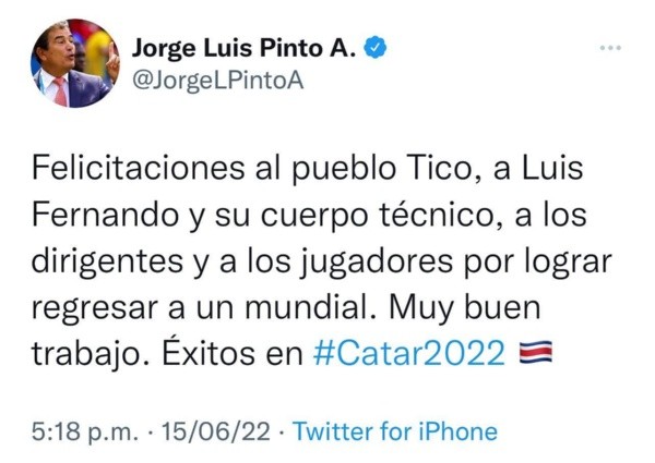 Publicación de Jorge Luis Pinto (Twitter)