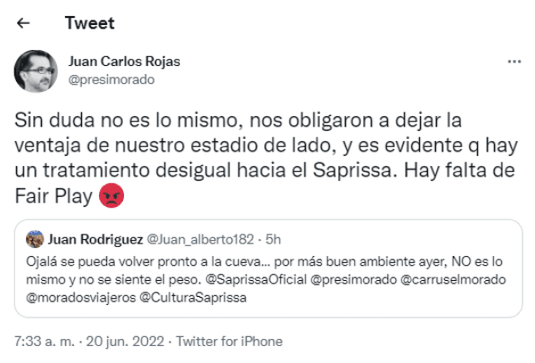 Tuit de Juan Carlos Rojas, Presidente de Saprissa