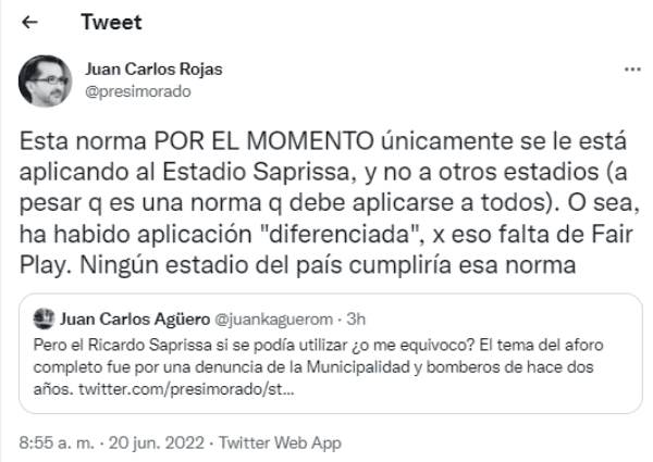 Tuit de Juan Carlos Rojas, Presidente de Saprissa