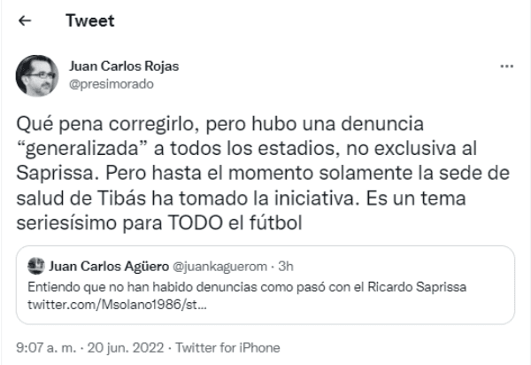 Tuit de Juan Carlos Rojas, Presidente de Saprissa