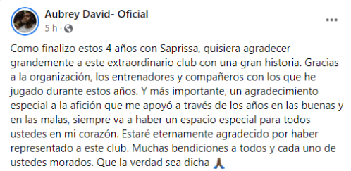 Mensaje de Aubrey en sus redes sociales (Facebook)