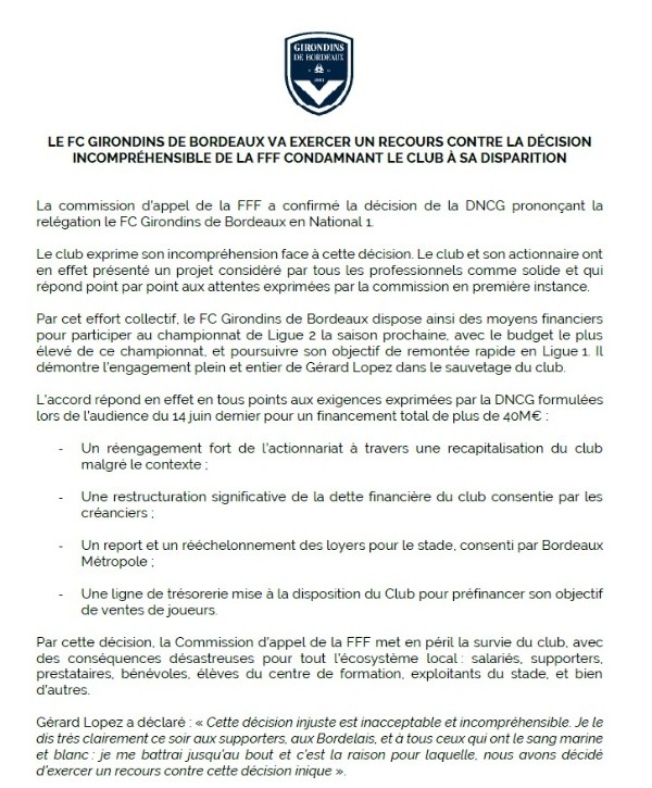 El comunicado del Girondins de Burdeos sobre la decisión de la FFF