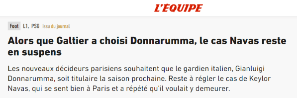 El titular de L'equipe afirmando que Donnarumma fue el elegido por el PSG por sobre Keylor Navas