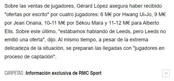 Gerard López comenta las ofertas sobre la mesa que tiene el Girondins, incluida la de Alberth Elis (Foto: RMC Sports)
