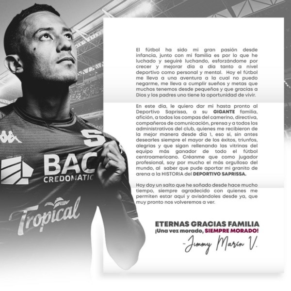 Marin compartió una carta despidiéndose de Saprissa.