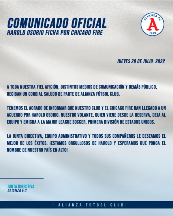 El comunicado del Alianza sobre la partida de Harold Osorio a la MLS (Foto: Alianza)