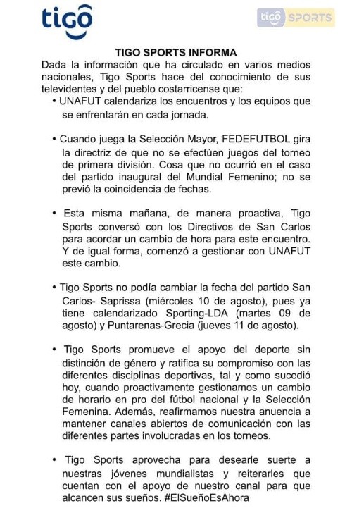 Comunicado de Tigo Sports (Tigo Sports, Facebook)