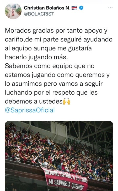 Publicación de Christian Bolaños (Christian Bolaños, Twitter)