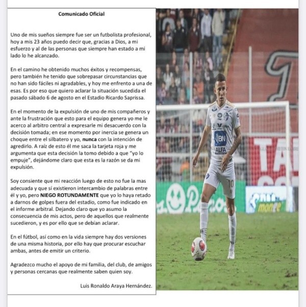 Carta de Luis Ronaldo Araya en redes sociales (Ronaldo Araya, Instagram)