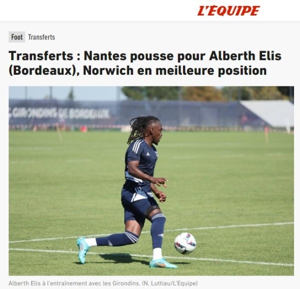 El artículo del Diario L'Equipe sobre los dos nuevos interesados por Alberth Elis