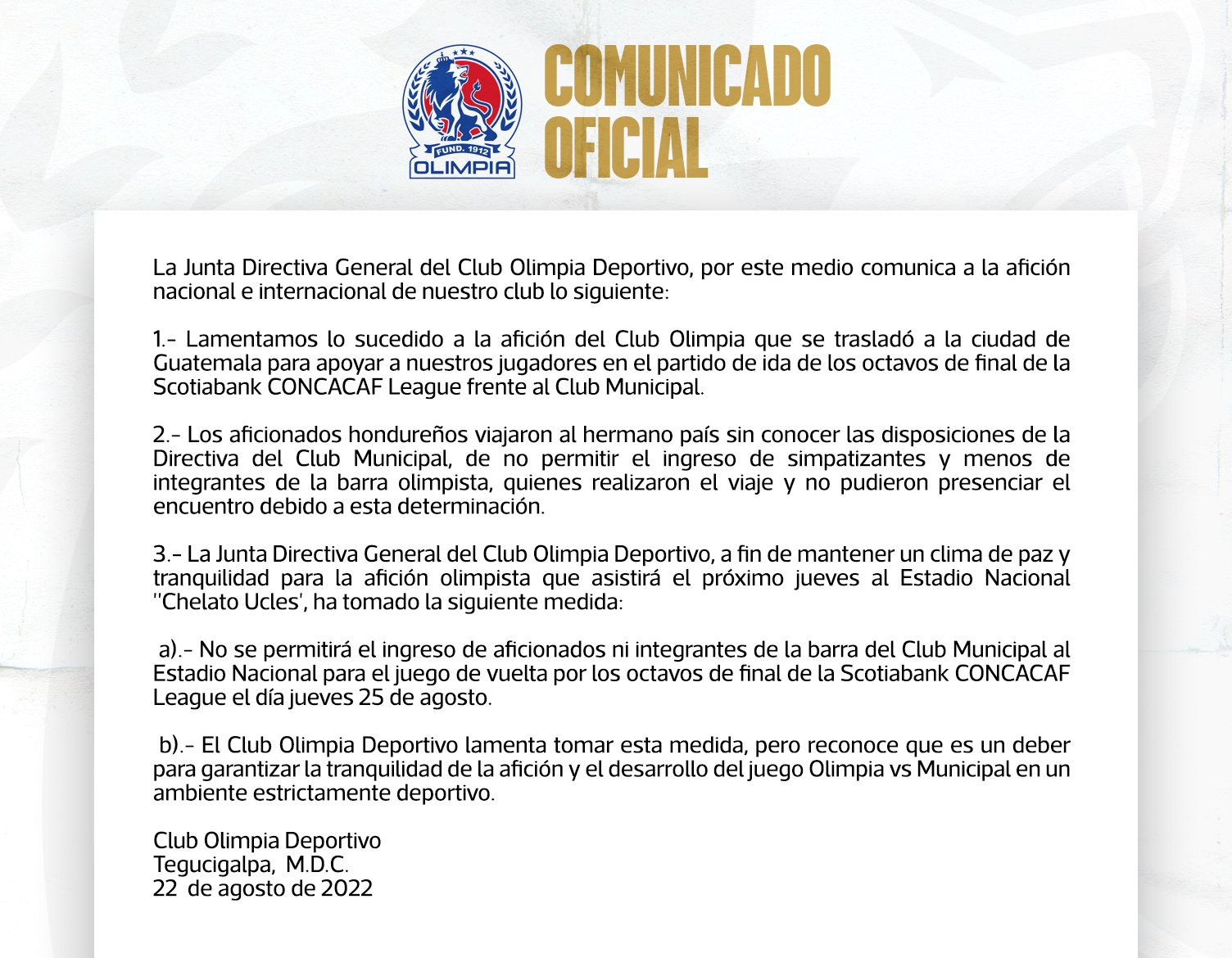 Comunicado oficial de Olimpia