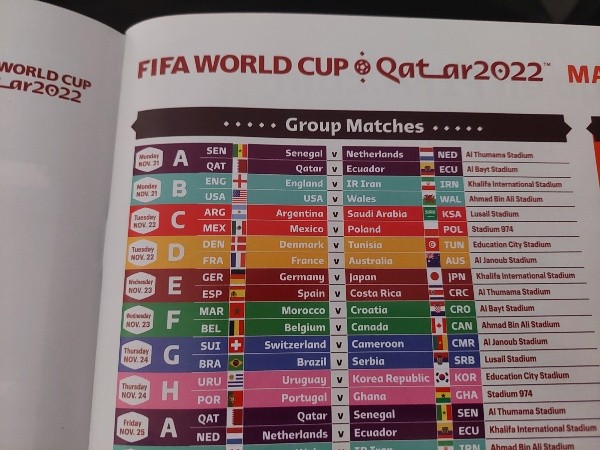 El fixture del álbum de Qatar 2022 con la programación previa al adelantamiento de Qatar-Ecuador (Foto: Fútbol Centroamérica)