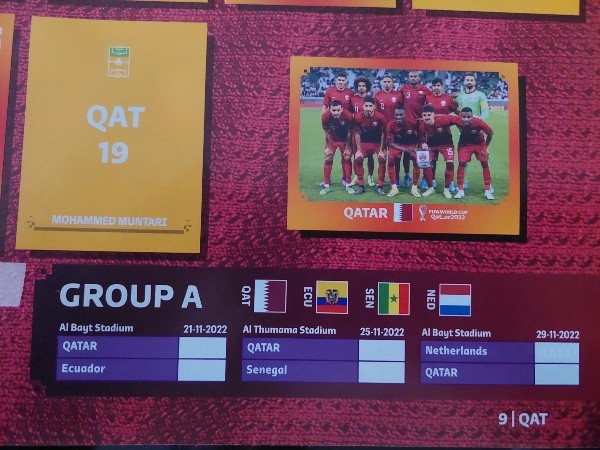 El fixture de Qatar con la programación antigua; el recuadro de la alineación ya impreso y el novedoso código para las figuritas (Foto: Fútbol Centroamérica)
