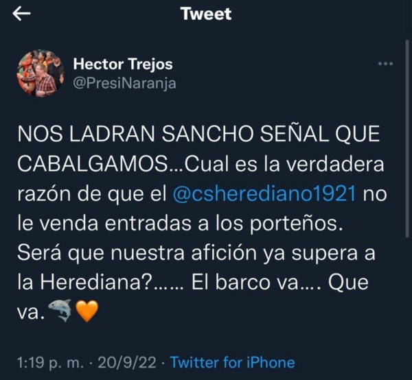 Mensaje publicado por el presidente de Puntarenas FC, Hector Trejos (Twitter)