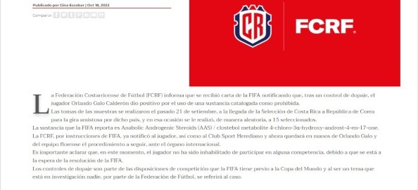 Comunicado oficial de la Federación Costarricense de Fútbol