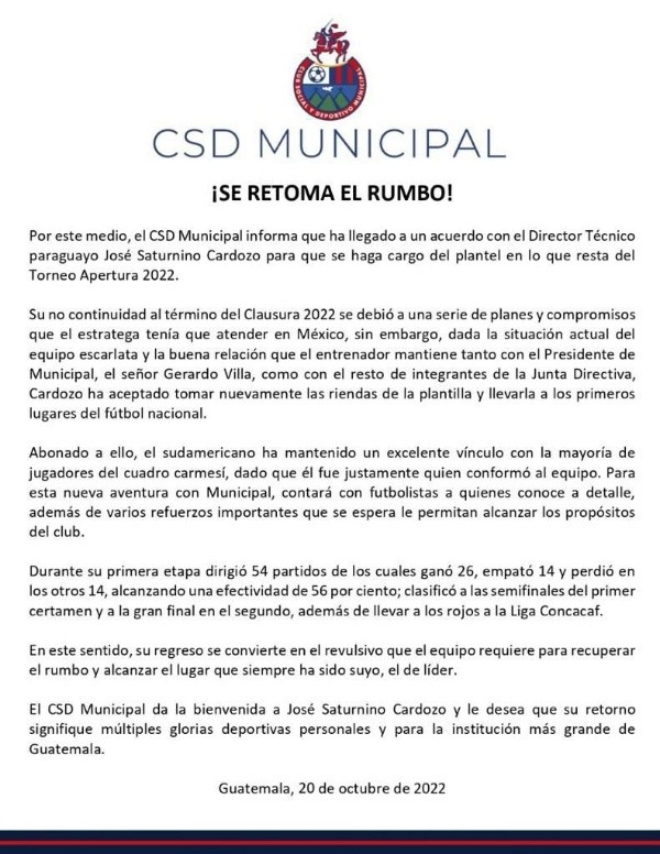 El comunicado de Municipal sobre el retorno de José Saturnino Cardozo (Foto: Municipal)