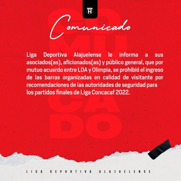 Comunicado oficial de la Liga Deportiva Alajuelense