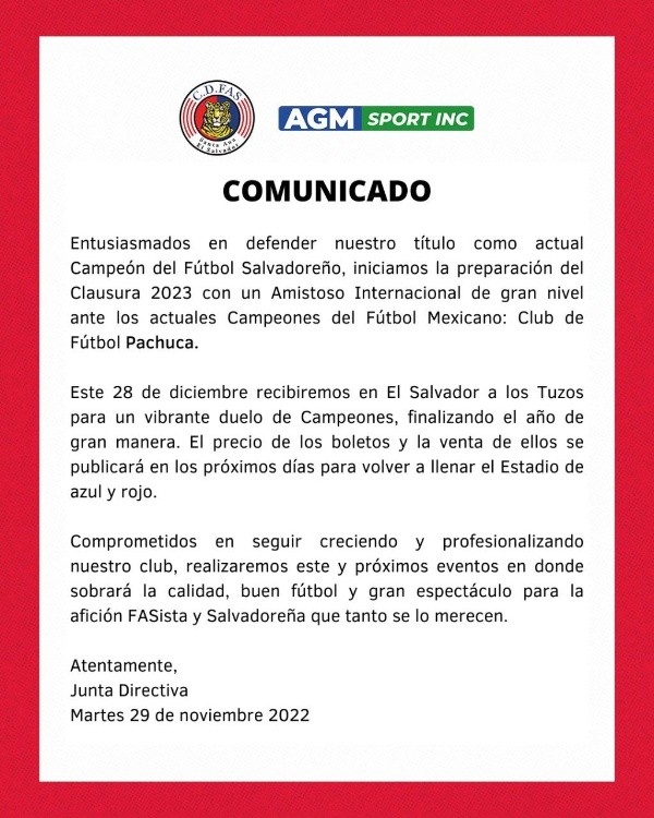 El comunicado del Deportivo FAS sobre el amistoso contra Pachuca (Foto: Deportivo FAS)