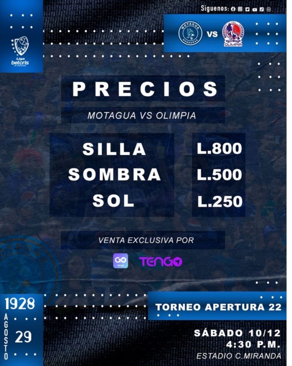 El precio de las entradas para el Motagua vs. Olimpia en Comayagua (Foto: Motagua)