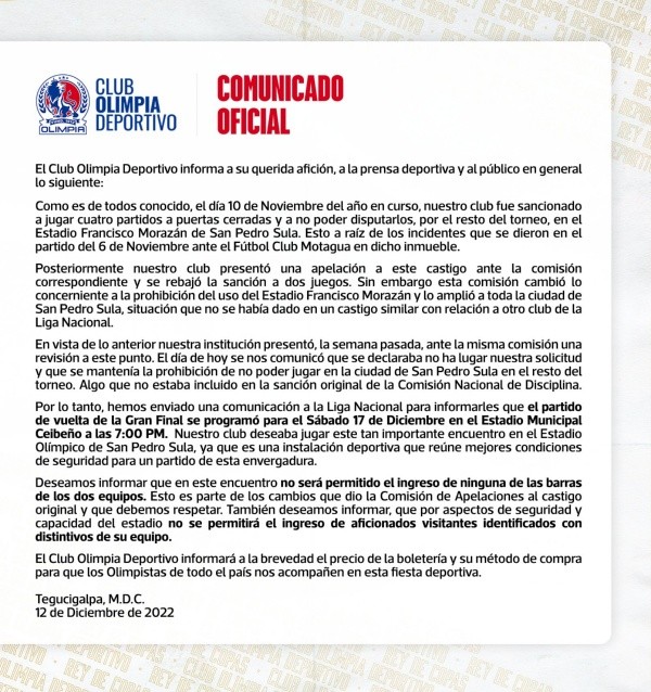 El comunicado del Olimpia sobre la sede de la final de vuelta del Apertura 2022 (Foto: Prensa Olimpia)