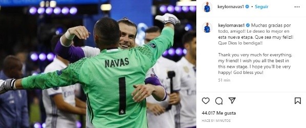 El mensaje de Keylor Navas a Gareth Bale en Instagram