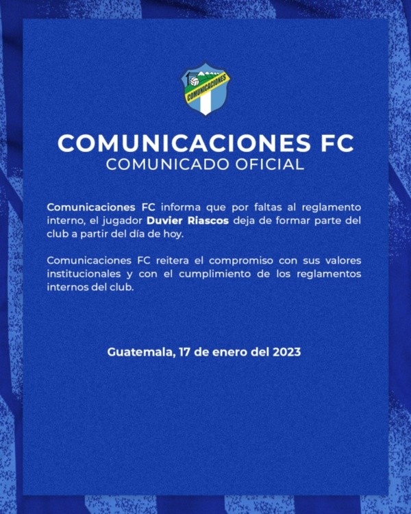 La misiva de Comunicaciones anunciando la partida de Duvier Riascos (Foto: Comunicaciones)