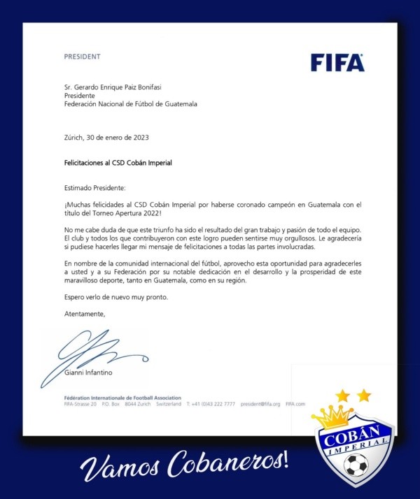 Mensaje de la FIFA a Cobán Imperial