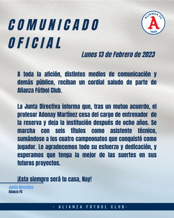 El comunicado del Alianza anunciando la partida de Adonay Martínez (Foto: Prensa Alianza)